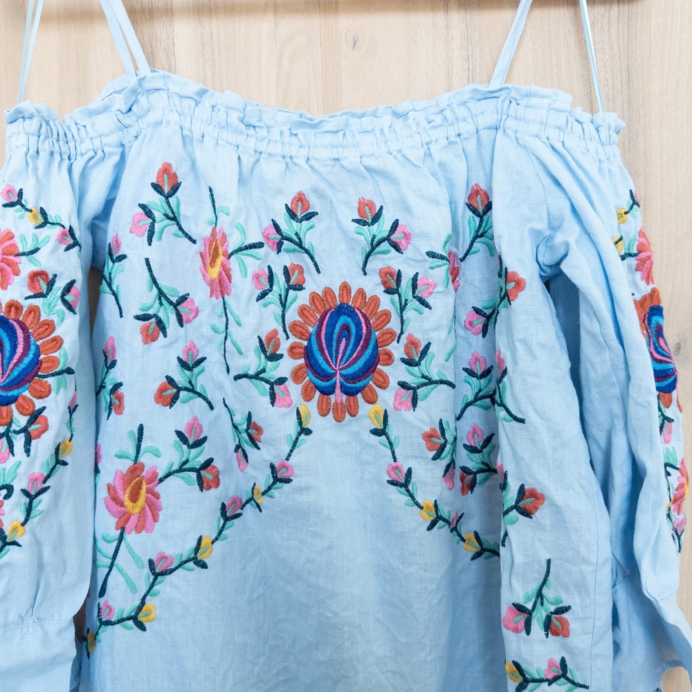 Philosophy Linen Embroidered Floral Dress Small Blue Cold Shoulder Boho Cottage - Picture 4 of 9